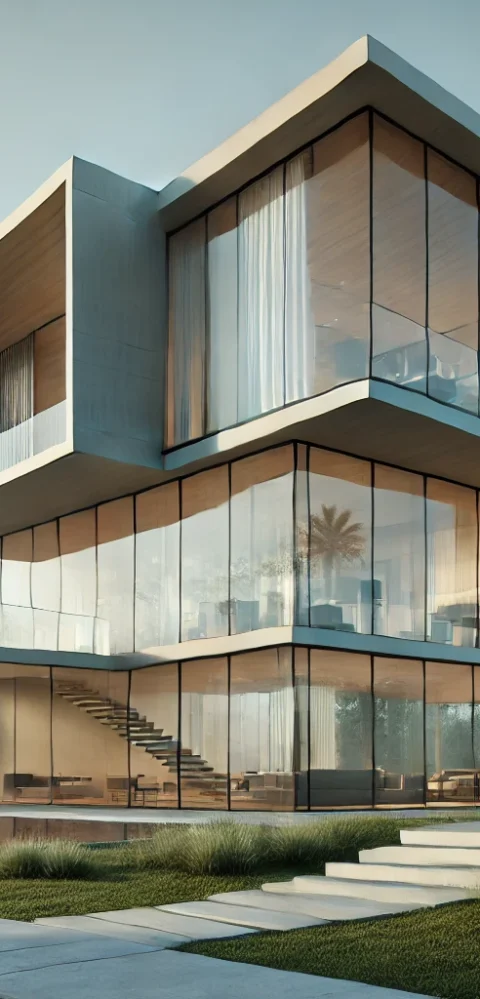 Modern glass house with palm trees.