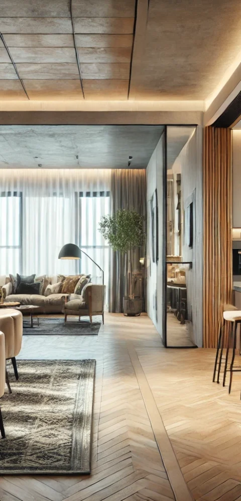 Modern open-concept living room and kitchen design.
