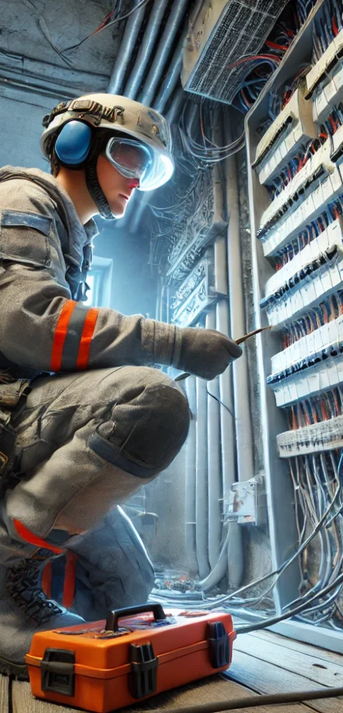 Electrician working on circuit breaker panel.