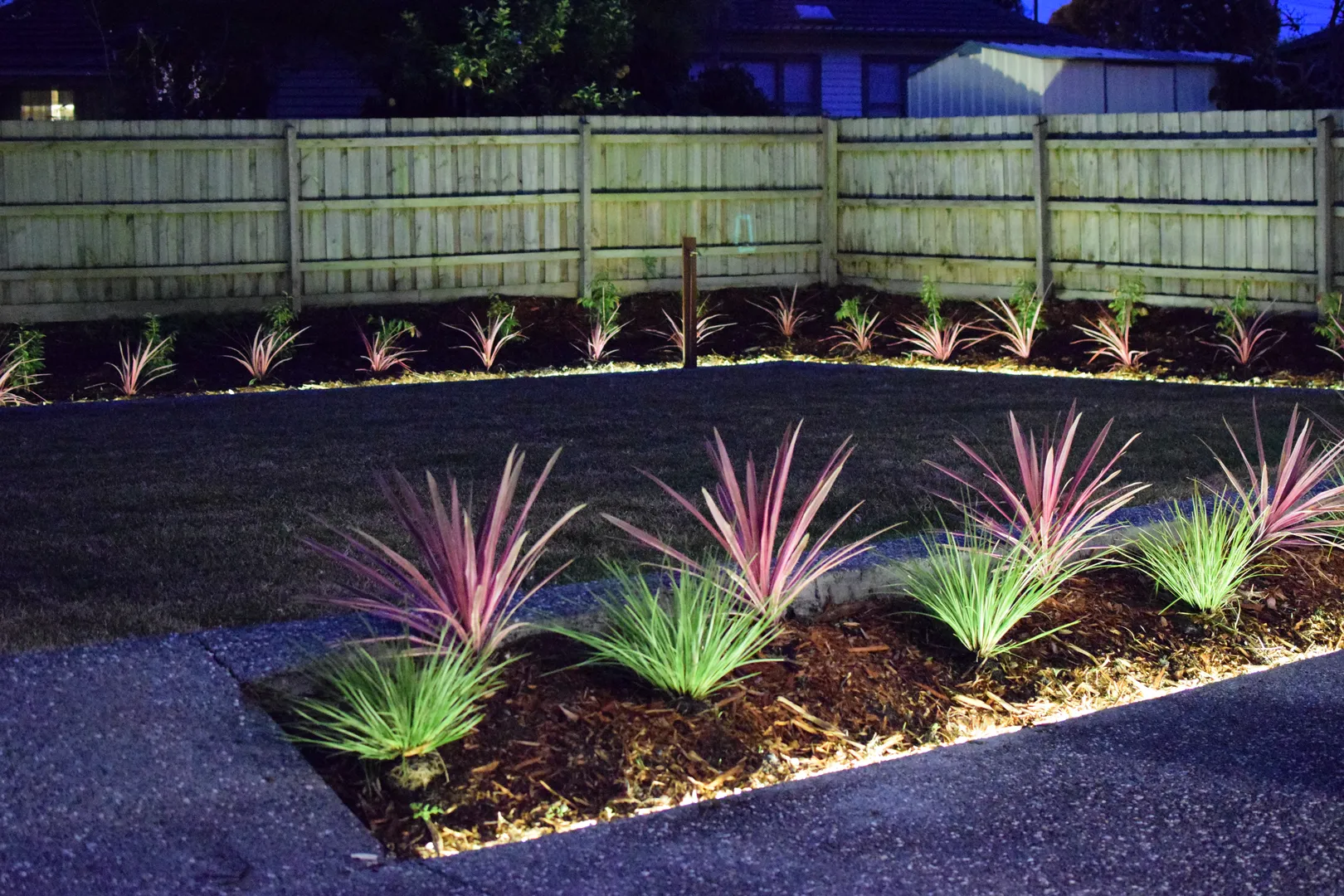 Backyard garden with night lighting